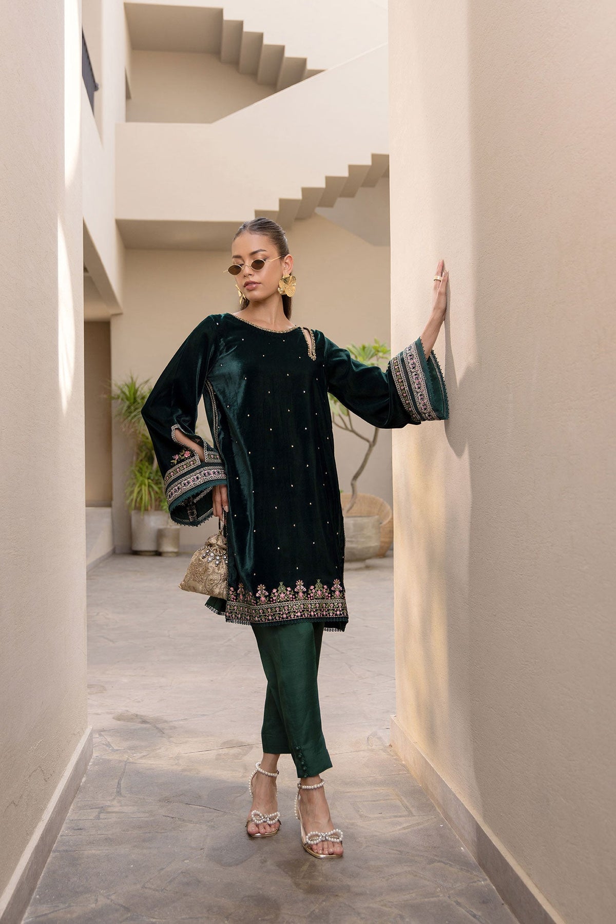 Dhanak | Velvet Edit | FW24DA-2622 DARK GREEN by Dhanak - Designer Dress - Type: Ladies Clothes - Available at Libayah - 100% Original