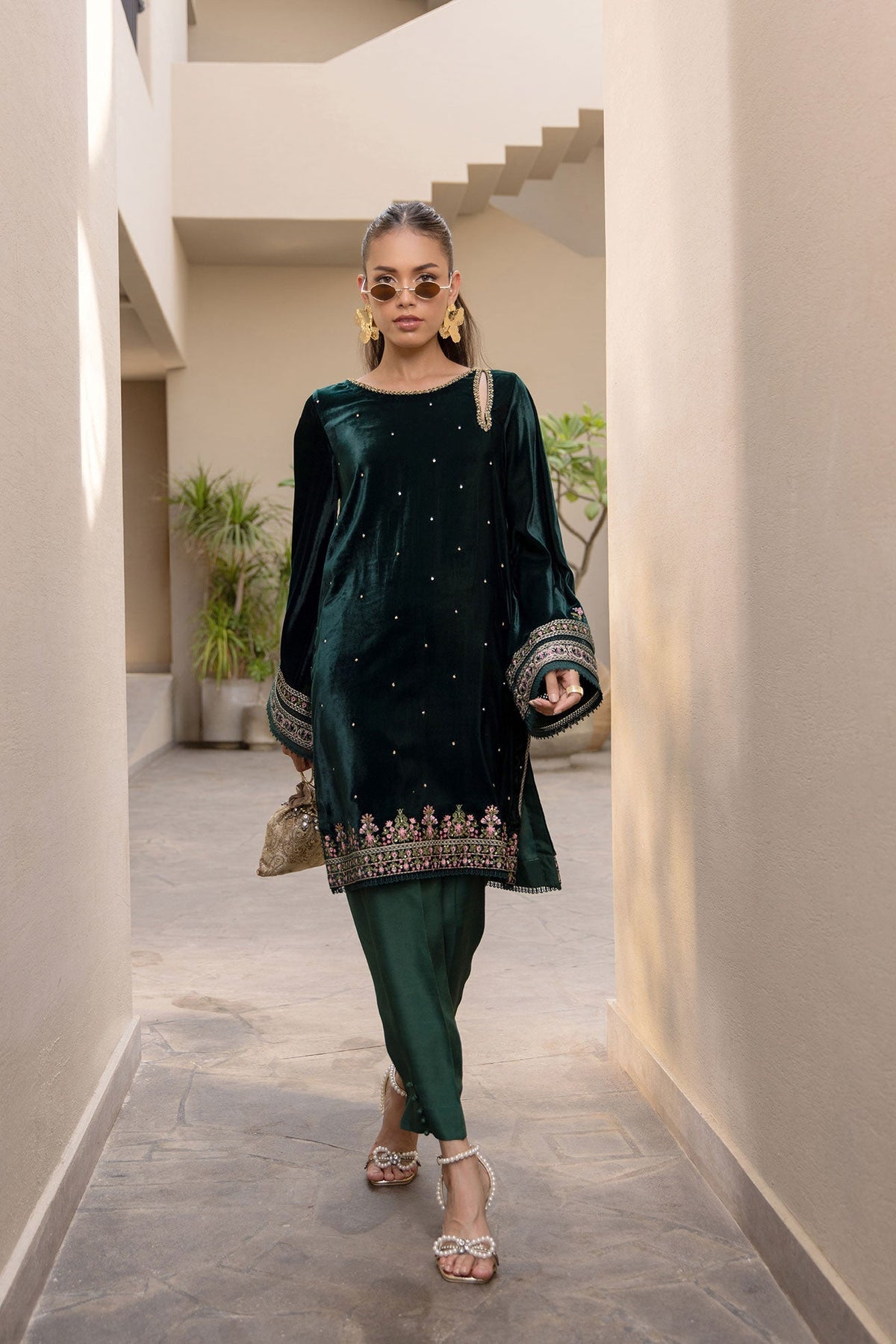 Dhanak | Velvet Edit | FW24DA-2622 DARK GREEN by Dhanak - Designer Dress - Type: Ladies Clothes - Available at Libayah - 100% Original