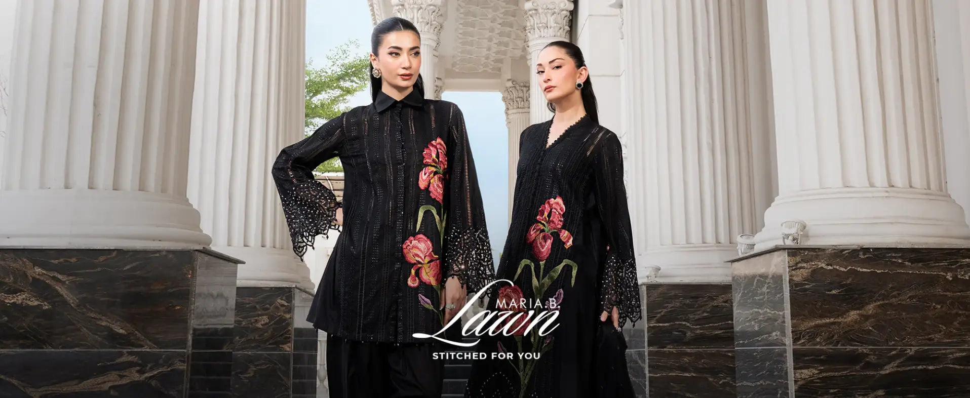 Maria B Luxury Lawn 2026 collection banner featuring authentic unstitched and stitched Pakistani designer suits at Libayah UK