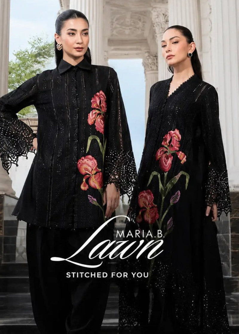 Mobile banner for Maria B Luxury Lawn 2026. Two models wearing authentic black stitched lawn suits with floral embroidery, available in UK stock at Libayah.