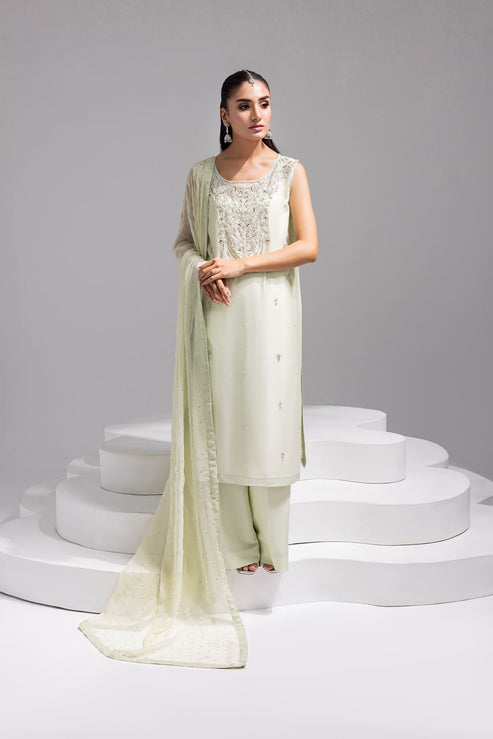 Amani | Aira Festive Wear | SOLEA Hand Embroidered Mint Butter Silk Shirt with Viscose Pants & Mukesh Dupatta by Amani - Designer Dress  - Type : Ladies Clothes - Available at Libayah - 100% Original 