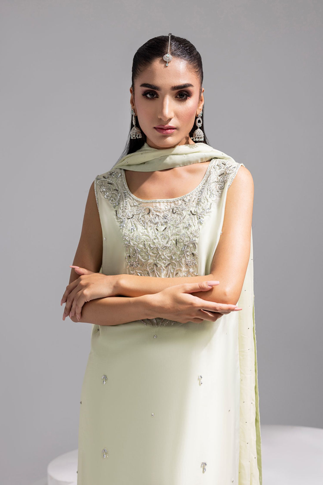 Amani | Aira Festive Wear | SOLEA Hand Embroidered Mint Butter Silk Shirt with Viscose Pants & Mukesh Dupatta by Amani - Designer Dress  - Type : Ladies Clothes - Available at Libayah - 100% Original 