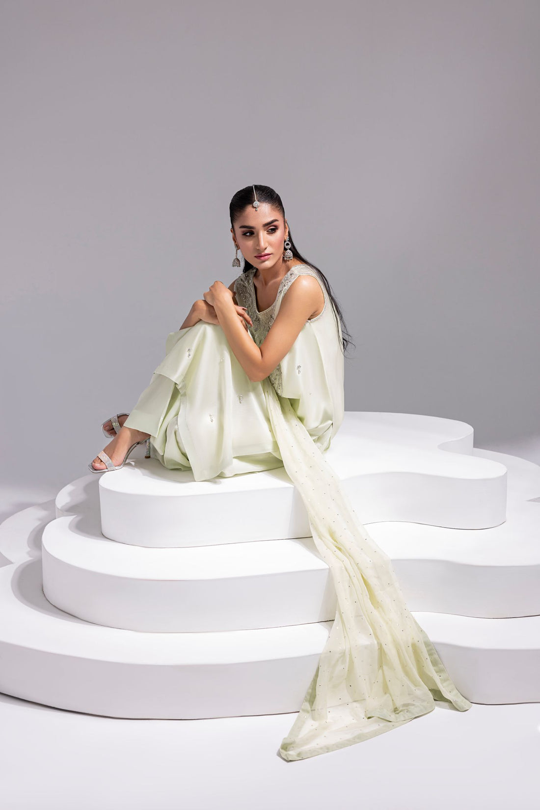 Amani | Aira Festive Wear | SOLEA Hand Embroidered Mint Butter Silk Shirt with Viscose Pants & Mukesh Dupatta by Amani - Designer Dress  - Type : Ladies Clothes - Available at Libayah - 100% Original 
