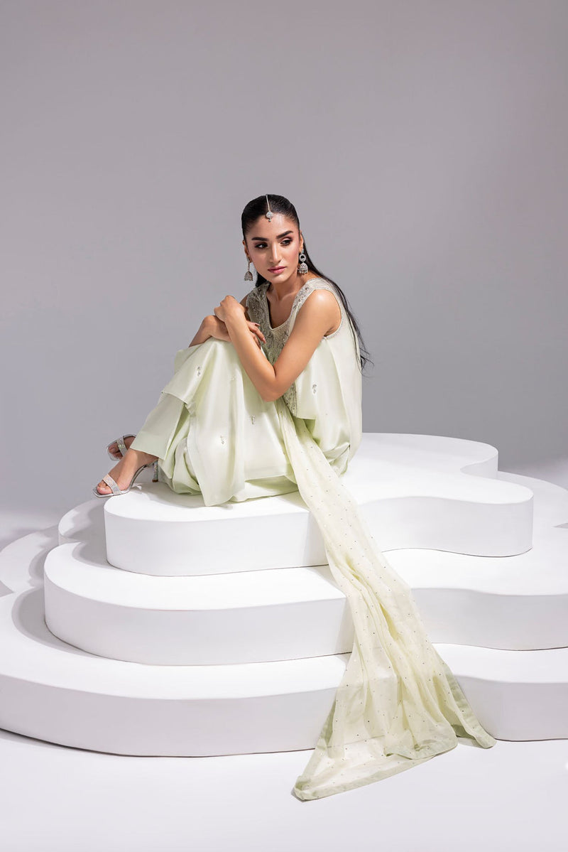 Amani | Aira Festive Wear | SOLEA Hand Embroidered Mint Butter Silk Shirt with Viscose Pants & Mukesh Dupatta by Amani - Designer Dress  - Type : Ladies Clothes - Available at Libayah - 100% Original 