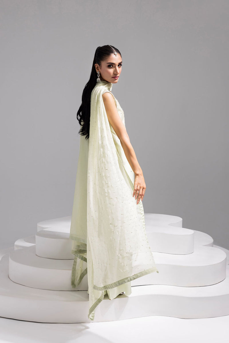 Amani | Aira Festive Wear | SOLEA Hand Embroidered Mint Butter Silk Shirt with Viscose Pants & Mukesh Dupatta by Amani - Designer Dress  - Type : Ladies Clothes - Available at Libayah - 100% Original 