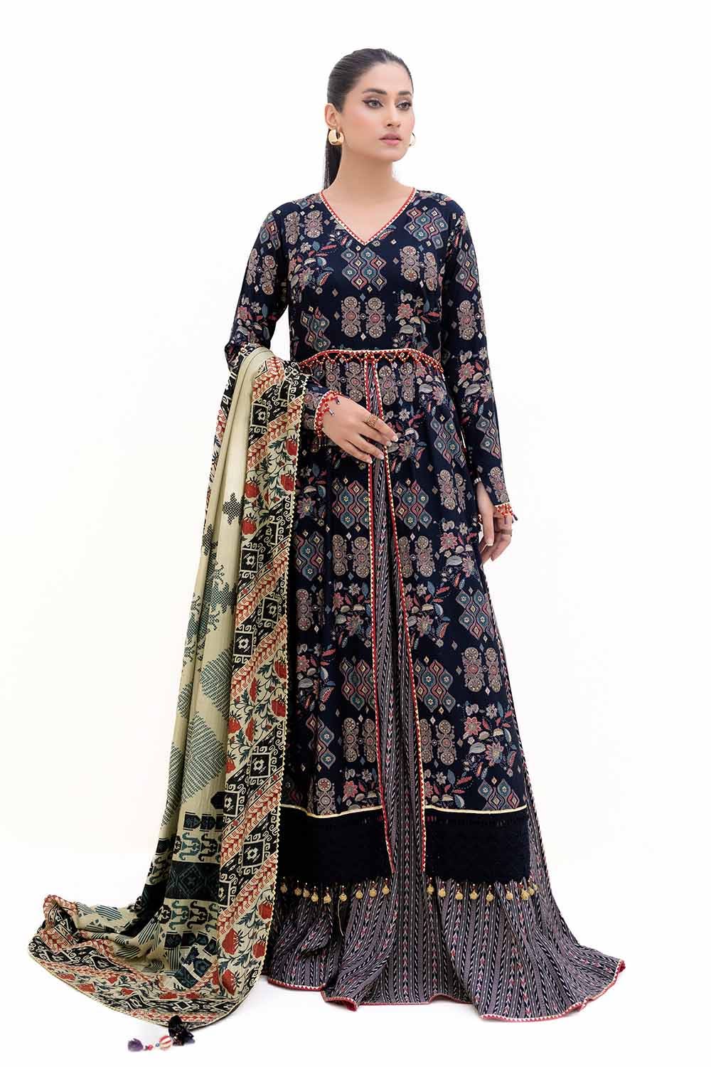 Gul Ahmed | Winter Collection 24 | Gold Printed Polyestor Suit with Printed Sequins Stripe Dupatta SP-42045 by Gul Ahmed - Designer Dress - Type: Ladies Clothes - Available at Libayah - 100% Original