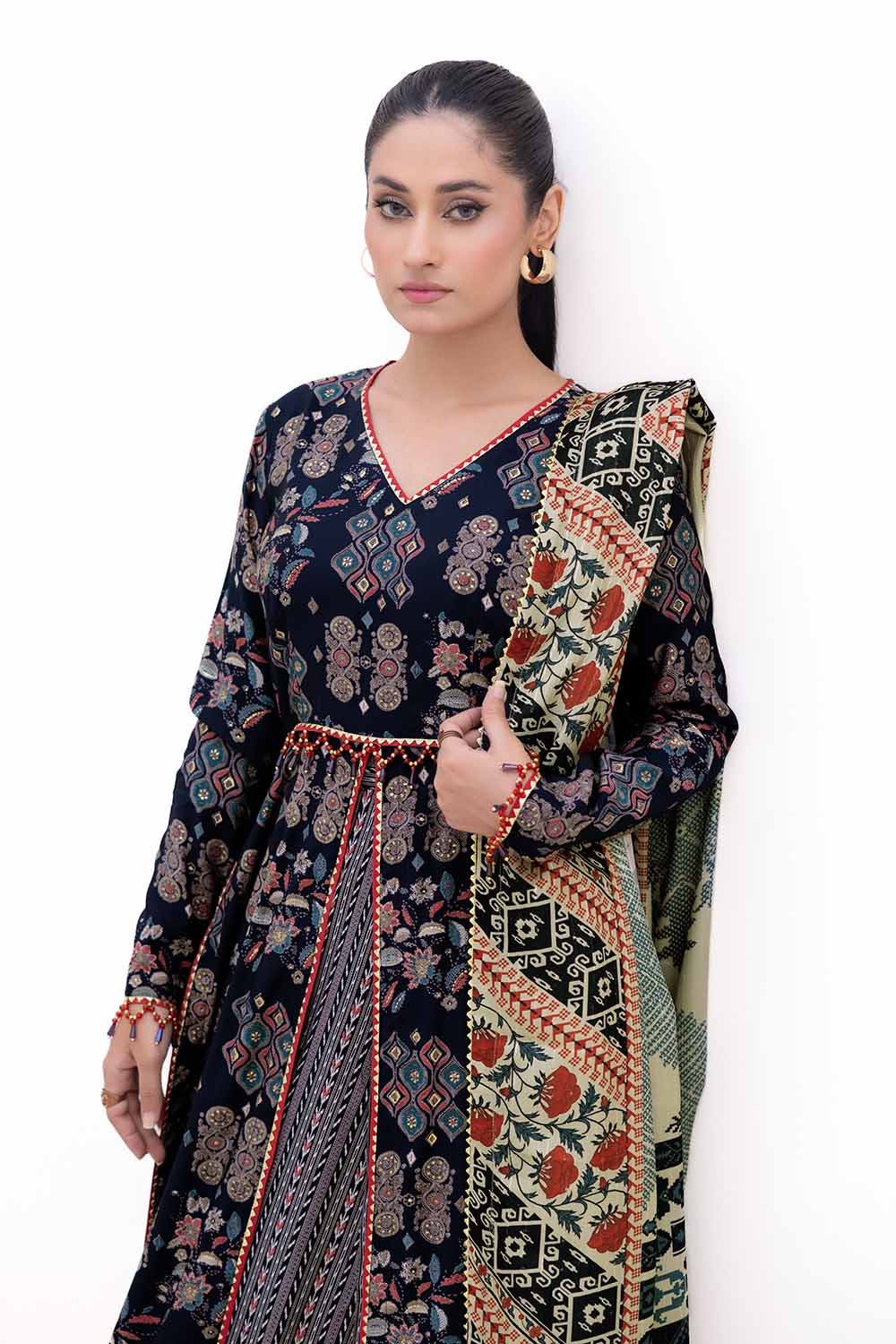 Gul Ahmed | Winter Collection 24 | Gold Printed Polyestor Suit with Printed Sequins Stripe Dupatta SP-42045 by Gul Ahmed - Designer Dress - Type: Ladies Clothes - Available at Libayah - 100% Original