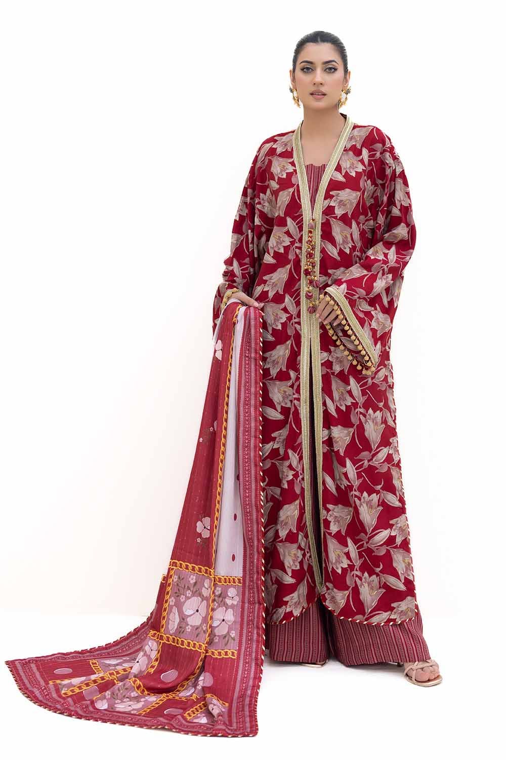 Gul Ahmed | Winter Collection 24 | Gold Printed Polyestor Suit with Printed Sequins Stripe Dupatta SP-42046 by Gul Ahmed - Designer Dress - Type: Ladies Clothes - Available at Libayah - 100% Original