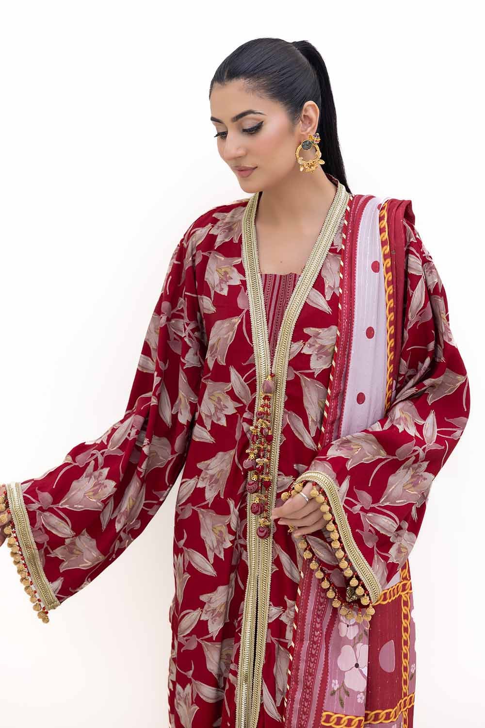 Gul Ahmed | Winter Collection 24 | Gold Printed Polyestor Suit with Printed Sequins Stripe Dupatta SP-42046 by Gul Ahmed - Designer Dress - Type: Ladies Clothes - Available at Libayah - 100% Original