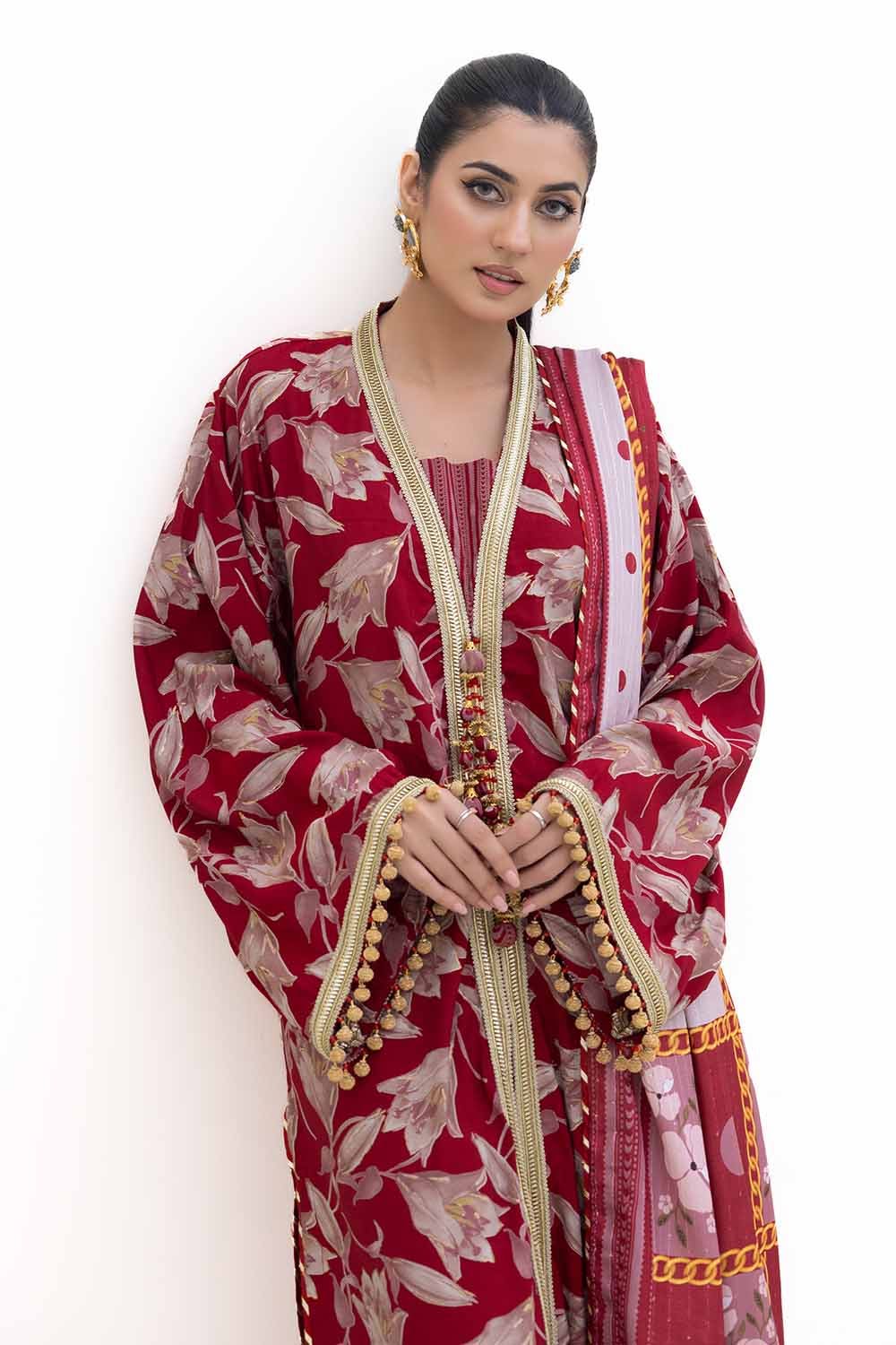 Gul Ahmed | Winter Collection 24 | Gold Printed Polyestor Suit with Printed Sequins Stripe Dupatta SP-42046 by Gul Ahmed - Designer Dress - Type: Ladies Clothes - Available at Libayah - 100% Original