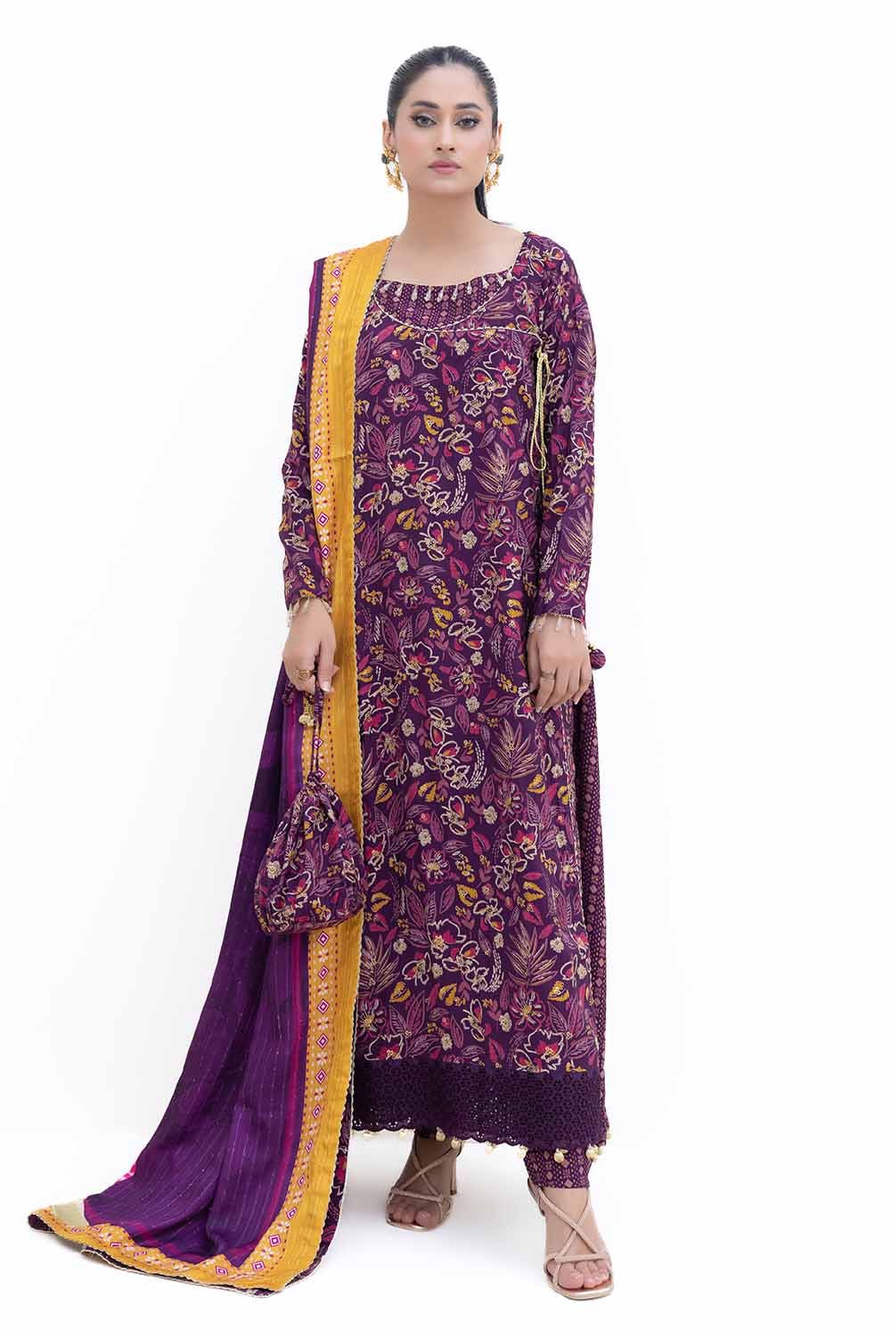 Gul Ahmed | Winter Collection 24 | Gold Printed Polyestor Suit with Printed Sequins Stripe Dupatta SP-42047 by Gul Ahmed - Designer Dress - Type: Ladies Clothes - Available at Libayah - 100% Original