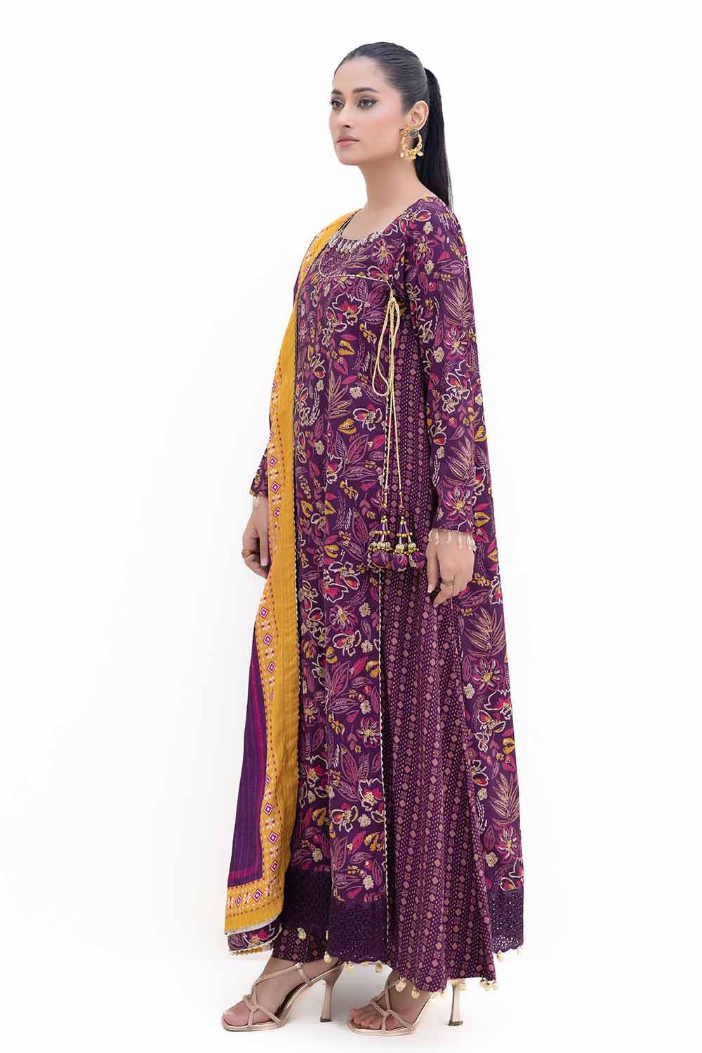 Gul Ahmed | Winter Collection 24 | Gold Printed Polyestor Suit with Printed Sequins Stripe Dupatta SP-42047 by Gul Ahmed - Designer Dress - Type: Ladies Clothes - Available at Libayah - 100% Original