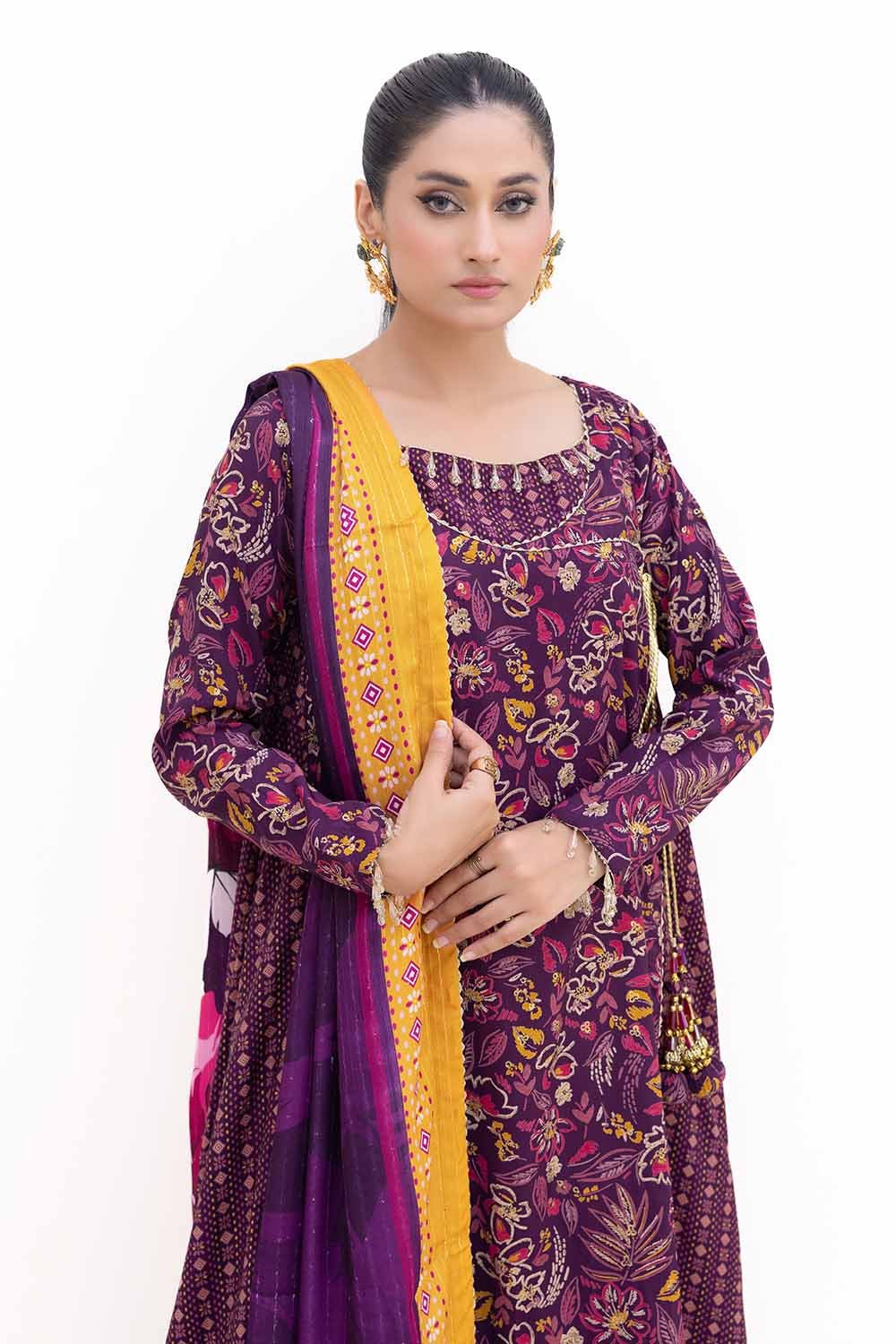 Gul Ahmed | Winter Collection 24 | Gold Printed Polyestor Suit with Printed Sequins Stripe Dupatta SP-42047 by Gul Ahmed - Designer Dress - Type: Ladies Clothes - Available at Libayah - 100% Original