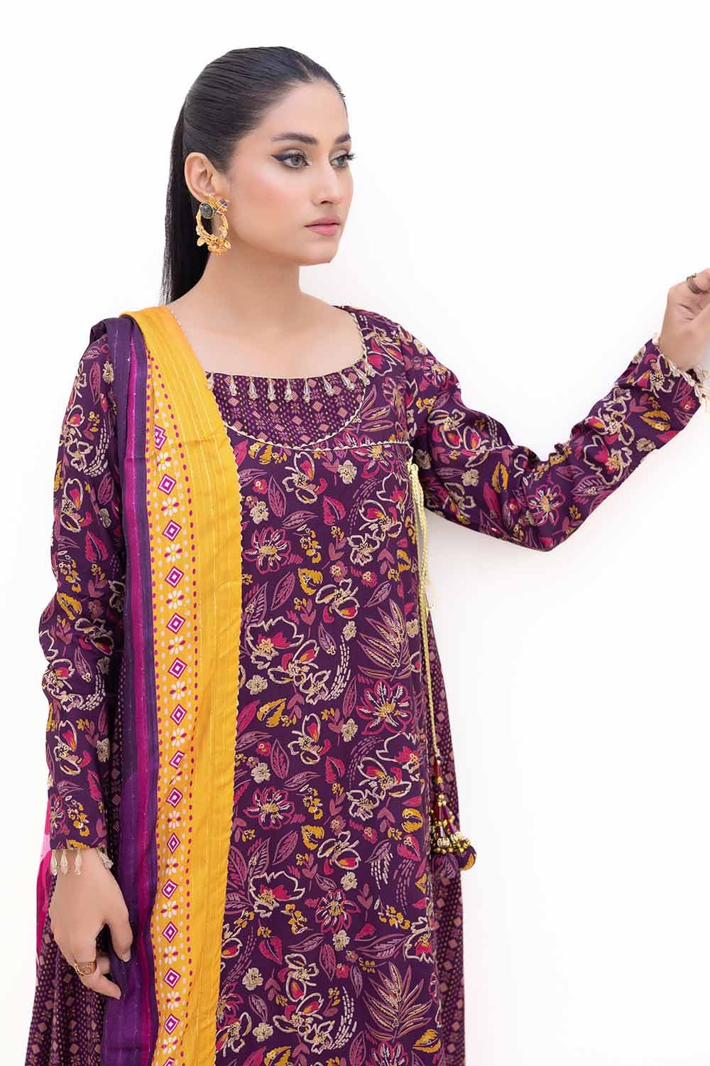 Gul Ahmed | Winter Collection 24 | Gold Printed Polyestor Suit with Printed Sequins Stripe Dupatta SP-42047 by Gul Ahmed - Designer Dress - Type: Ladies Clothes - Available at Libayah - 100% Original