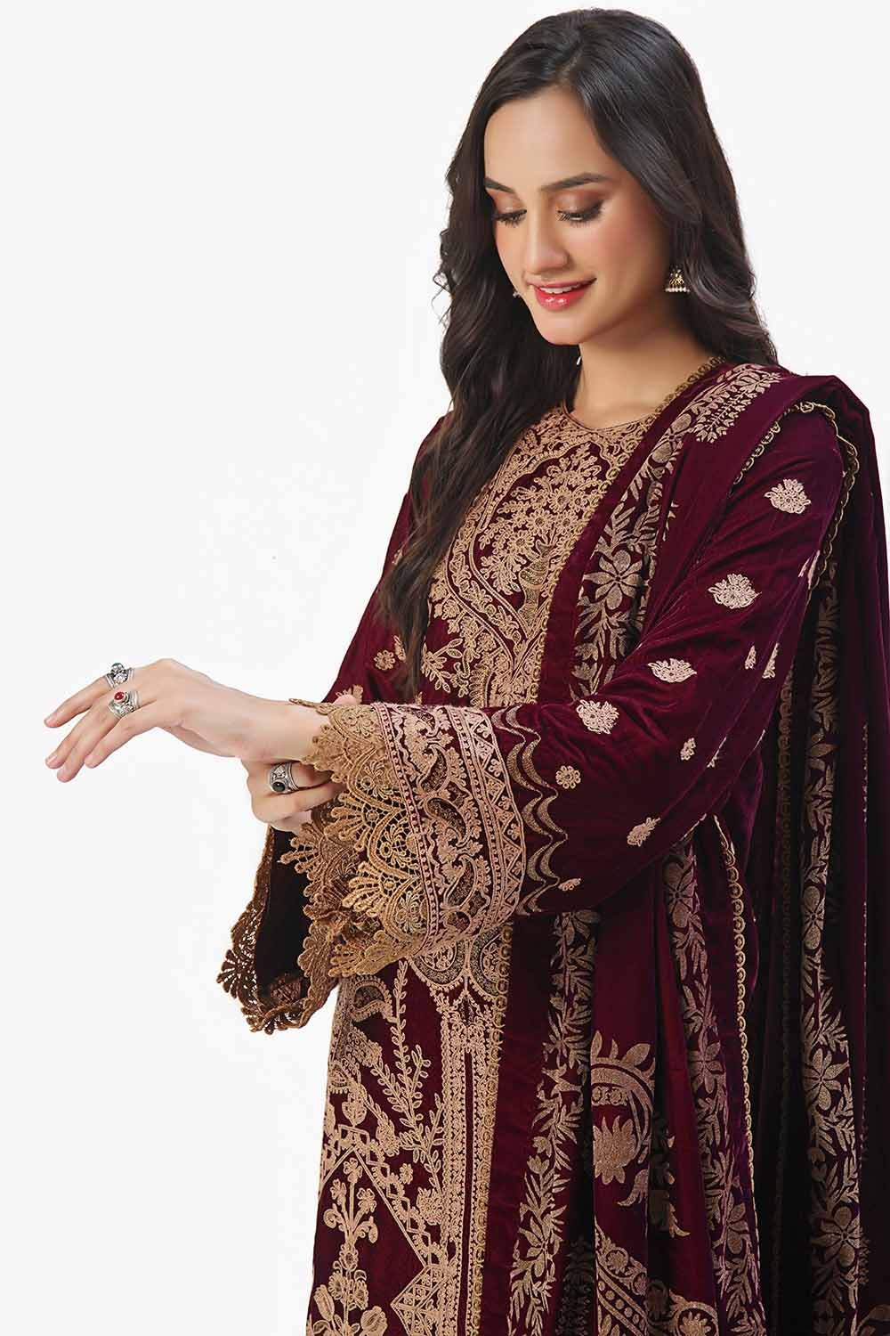 Gul Ahmed | Winter Collection 24 | Velvet Dupatta WV-42003 by Gul Ahmed - Designer Dress - Type: Ladies Clothes - Available at Libayah - 100% Original